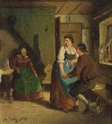 Hermann Volz Tandelndes junges Paar vor der sitzenden schlafenden Grobmutter in schwabischer Stube oil painting